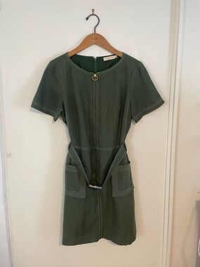 Tory Burch Olive Green Short-Sleeve Mini Dress with Contrast Stitching